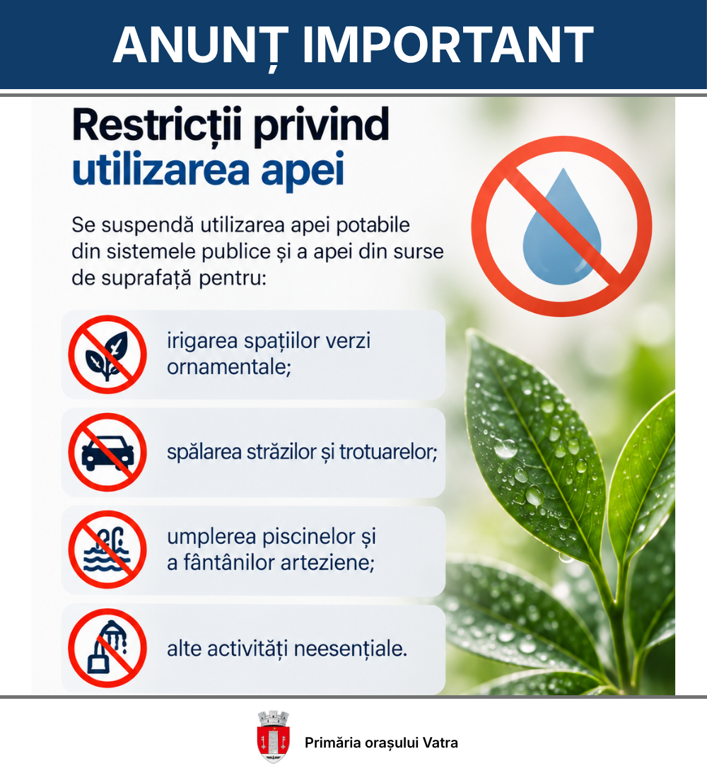 UN ANUNȚ IMPORTANT PENTRU LOCUITORII ȘI AGENȚII ECONOMICI DIN ORAȘUL VATRA