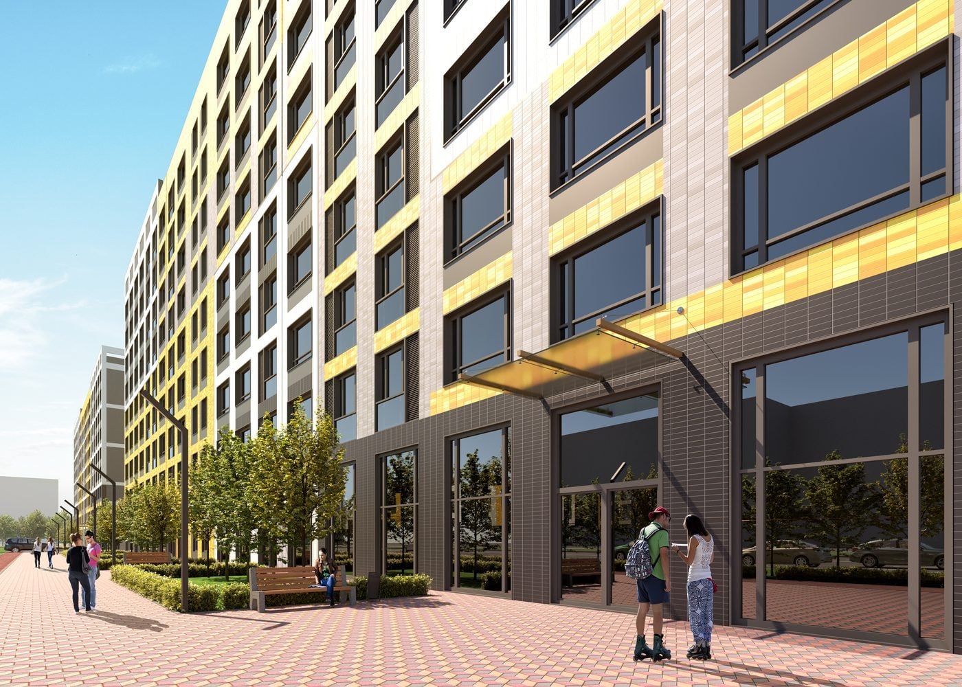 Rendering of a new building with a white and yellow façade