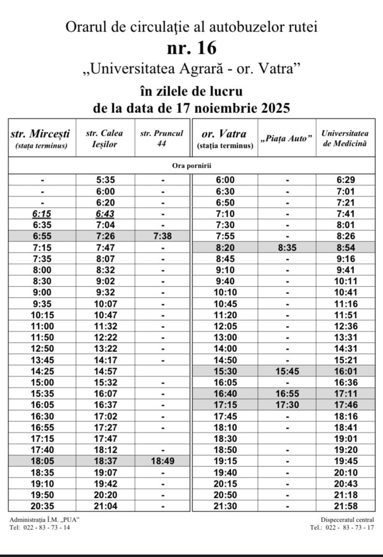 Orarul de circulație al autobuzelor rutei nr. 16 „Universitatea Agrară - or. Vatra” în zilele de lucru, de la data de 17 noiembrie 2025