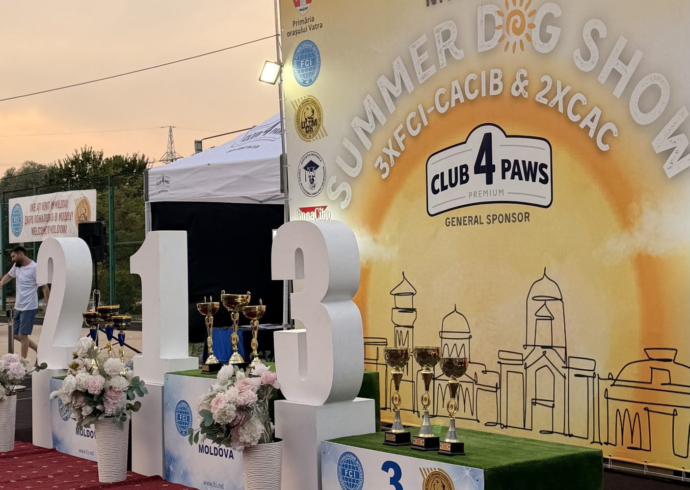 Podium with trophies at the dog show at Vatra Town Stadium