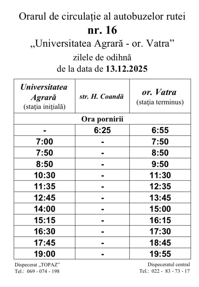 Orarul de circulație al autobuzelor rutei nr. 16 „Universitatea Agrară - or. Vatra” în zilele de odihnă, de la data de 13.12.2025